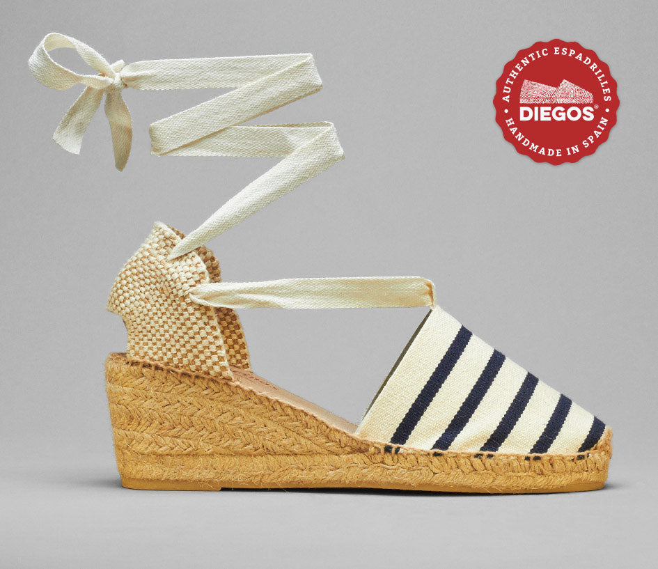 Espadrilles compensees hautes a rayures et lacets a nouer Jolie chaussure d ete fabriquee en Espagne diegos