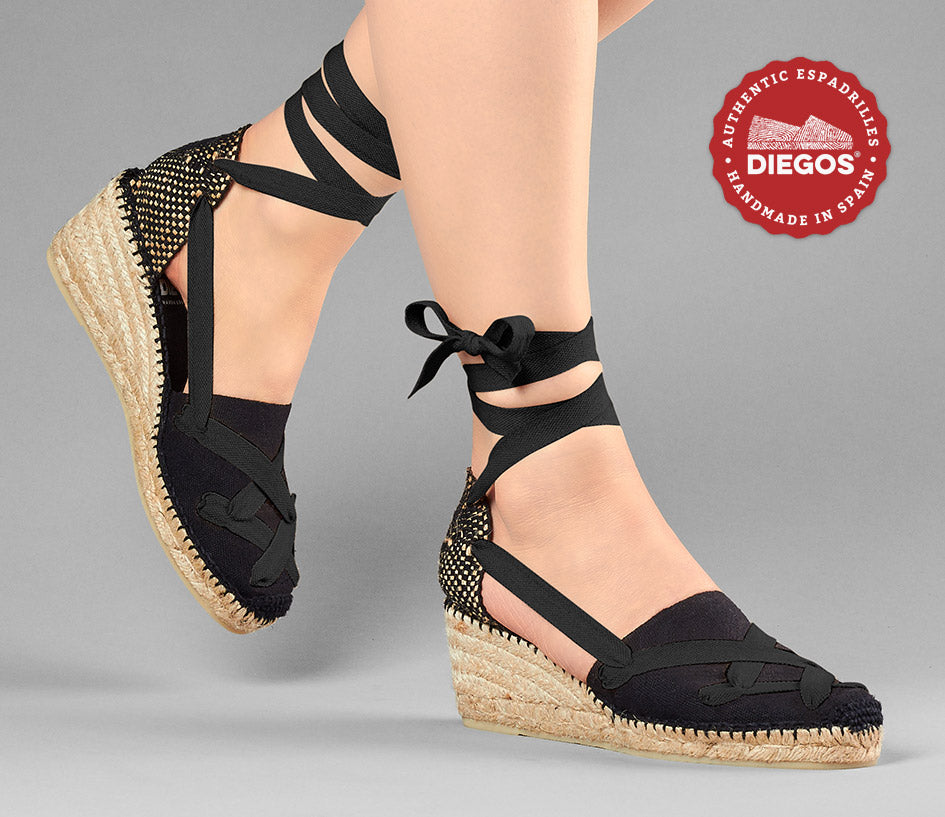 All black Lola high wedge classic laces espadrilles